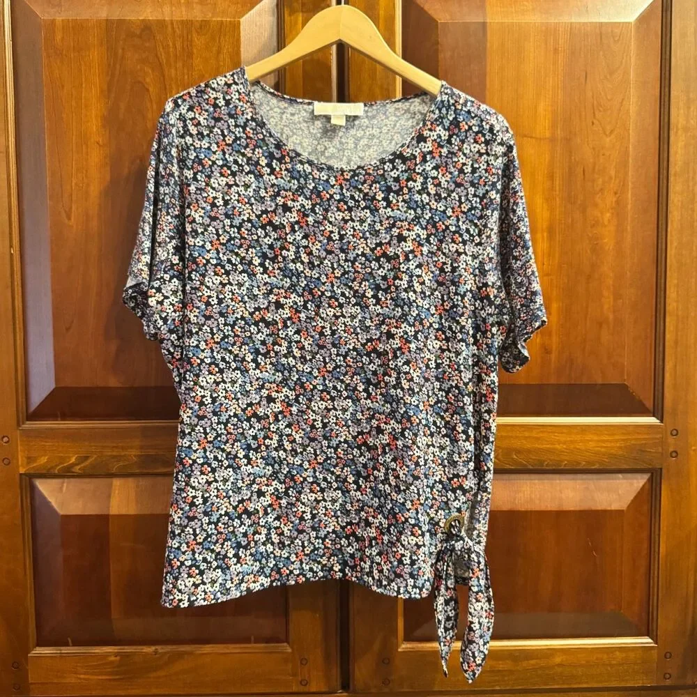 Michael Kors Navy Floral Side Tie Top Cotton Modal Plus Size 2X